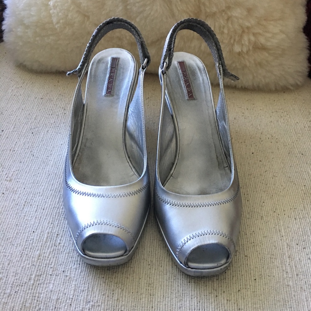 Silver Prada open- toed wedged sling- back